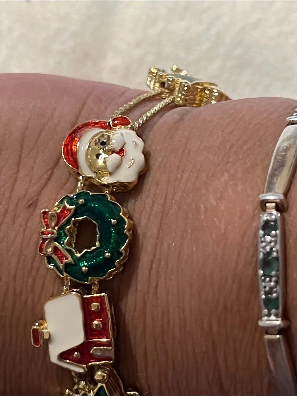 Gold-Tone Festive Charm Bracelet with Green, Red & White Enamel